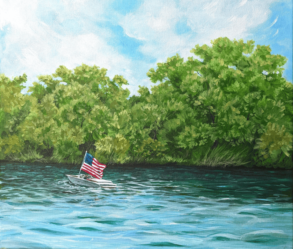 Painting of Lake Cumberland with small boat and American flag